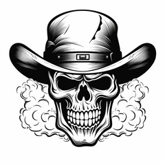 Black-eyed graphic image of a human skull wearing a hat against a background of smoke on a white background. For tattoo decoration