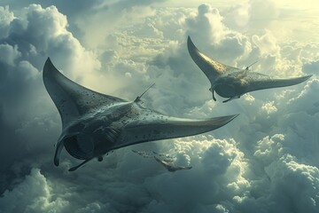 A surreal depiction of flying manta rays gliding effortlessly through the clouds, their wings spanning wide, film stock - obrazy, fototapety, plakaty