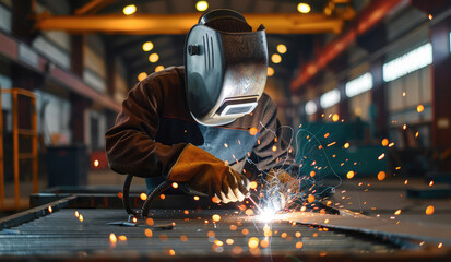 A welder is focused on welding metal with flying sparks in an industrial environment