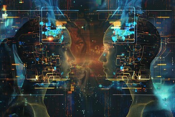 Digital Mind Sync in Cyberspace. Mirror images of a person with cybernetic brain interface.