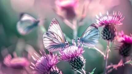 Large White butterflies, Pieris brassicae, lepidoptera,  pink thistles meadow, backlit,...