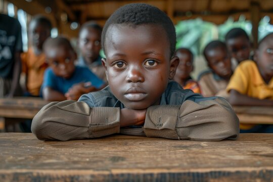 A close-up image capturing the solemn expression of a child seated among peers in a classroom setting, evoking a sense of reflection