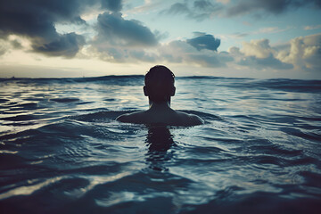 Fototapeta premium A man is swimming in the ocean. The sky is cloudy and the water is calm. The man is alone in the water, and the scene is peaceful and serene. Generative AI