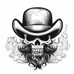 Black-eyed graphic image of a human skull wearing a hat on a white background. For tattoo decoration. AI generated