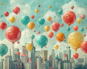 A whimsical illustration depicts the irrational exuberance that can drive investment bubbles, with colorful balloons representing inflated asset prices, high detailed - obrazy, fototapety, plakaty