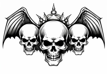 Fototapeta premium Three-headed skull with wings on white background. For tattoo decoration