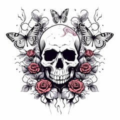 Black-eyed graphic image of human skull with butterflies on white background. For tattoo decoration. AI generated
