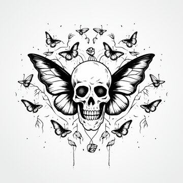 Black-eyed graphic image of human skull with butterflies on white background. For tattoo decoration. AI generated