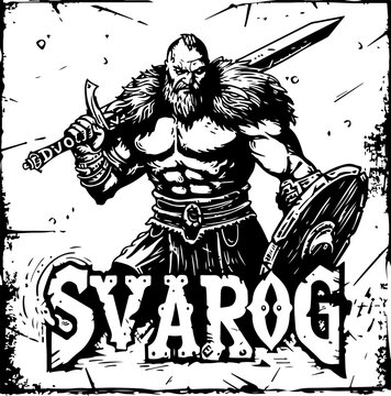 Svarog, the Slavic deity of fire and metalworking, with a sword and shield, suitable for cultural history or Slavic mythology topics.