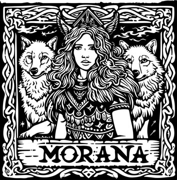 Captured in stark contrast, Morana is flanked by wolves, a haunting embodiment of winter's chill and death, for Slavic myth themes.