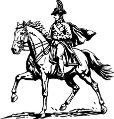 Frederick the Great of Prussia, showcased on horseback, suitable for historical and military themes.