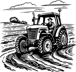 Vector artwork of a tractor plowing the field, illustrating agricultural work and rural life.