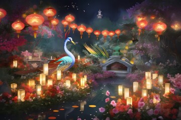 **A magical garden filled with floating lanterns and exotic flowers, where a graceful dragon dances in the moonlight