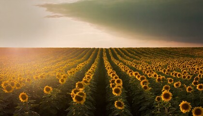 Rows of sunflowers turning towards the setting sun, creating a golden glow across the field