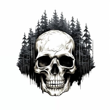 Black-eyed graphic image of human skull with trees on white background. For tattoo decoration. AI geberated