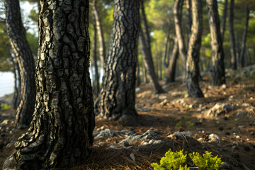 A tree trunk with moss growing on it. The trunk is surrounded by other trees. The image has a peaceful and serene mood. Generative AI