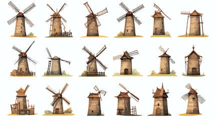 Old windmills as landscape elements vector illustration - obrazy, fototapety, plakaty