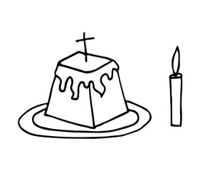 Hand-drawn simple vector illustration in black outline. Traditional Easter curd dessert, pastries, church candle. Holy Sunday celebration.