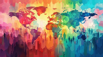 Group of Business People in rainbow Colors with World Map on Background, LGBT concept.