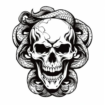 Black-eyed graphic image of human skull with snake on white background. For tattoo decoration. AI generated