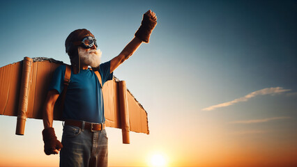 Old man learning to fly, cardboard wings, never too late, dream motivation sunset copy space