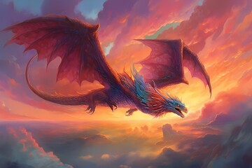 **A majestic dragon soaring through a vibrant sunset sky, its scales shimmering with iridescence - obrazy, fototapety, plakaty