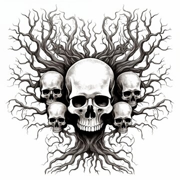 Black-eyed graphic image of human skulls on a tree on a white background. For tattoo decoration. AI generated