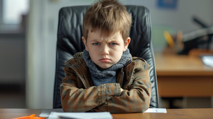 Resentful young guy. Angry boy in the principal's office. A child is punished at school. An obnoxious teenager.