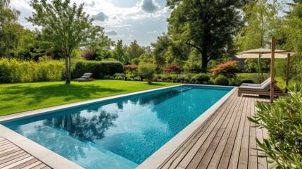 Fototapeta premium Swimming pool in garden,&nbsp;Wooden floor swimming pool in backyard
