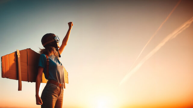 woman ready to fly with her cardboard wings wearing leather helmet and pilot goggles, dream enthuasism startup believe motivational poster copy space