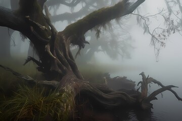 **A misty marshland adorned with twisting vines and ancient trees, where a magnificent dragon emerges from the fog - obrazy, fototapety, plakaty