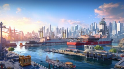 futuristic harbor at sunset with cargo ships - obrazy, fototapety, plakaty