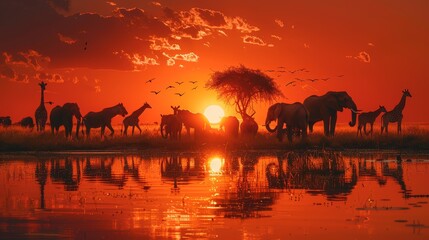  A group of giraffes and zebras silhouette against a sunset over the waterbody