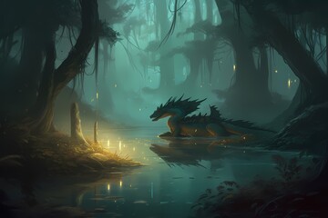 **A misty swamp illuminated by the soft glow of fireflies, where a graceful dragon navigates the...