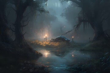 **A misty swamp illuminated by the soft glow of fireflies, where a graceful dragon navigates the murky waters with ease - obrazy, fototapety, plakaty