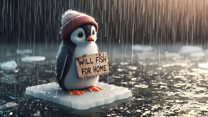Cute but Sad pinguin standing alone in the rain on sheet of ice wearing a sign showing effects of global warming and climate crisis and melting glaciers with copy space - obrazy, fototapety, plakaty