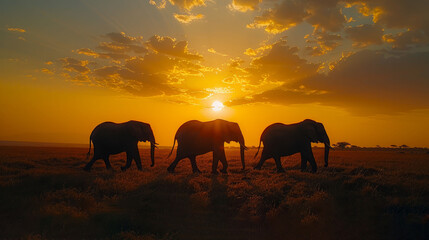   A group of elephants traverses a dry grassland, surrounded by a cloudy sky The sun sets in the distance