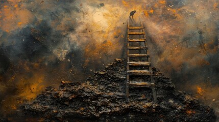 Mystical Ladder Ascending Through Apocalyptic Ruins A Journey of and Discovery - obrazy, fototapety, plakaty