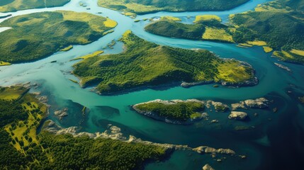 Fototapeta na wymiar panoramic aerial shot of river and green terrain