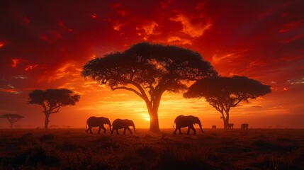 Obraz premium A group of elephants walks in front of a tree as the sun sets, casting golden hues behind them