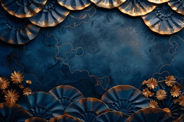 abstract backrgound, beautiful asian golden pattern on a dark blue background  - obrazy, fototapety, plakaty