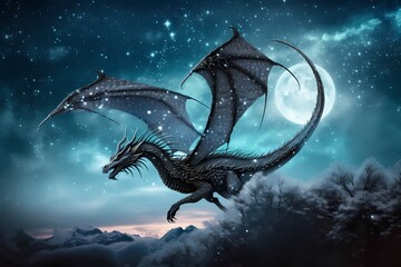 **A moonlit night sky filled with stars, showcasing a majestic dragon flying amidst the celestial beauty - obrazy, fototapety, plakaty