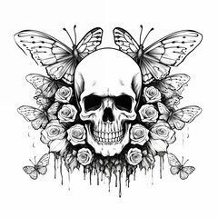 Black-eyed graphic image of human skull with butterflies on white background. For tattoo decoration. AI generated