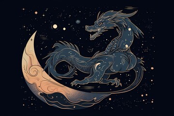 **A moonlit night sky filled with stars, showcasing a majestic dragon flying amidst the celestial beauty