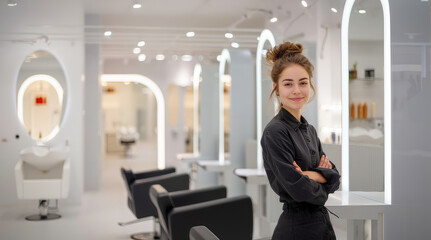 smiling businesswoman with her arms crossed, running a professional hairdresser's shop, copy space