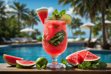 Watermelon iced cocktail with lime and mint. Summer refreshing watermelon beverage, drink, juice or smoothie with ice