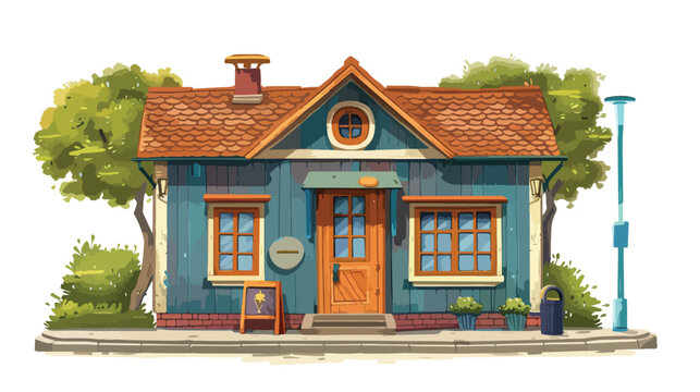 Painted fabulous onestory wooden house 2d flat cartoon