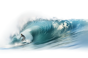 Mastering the Oceans Dance: A Surfer Conquering a Majestic Wave. On White or PNG Transparent Background.