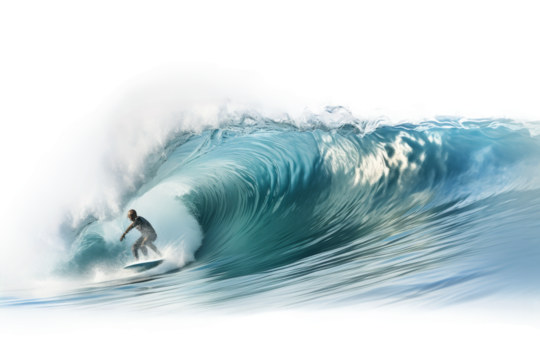 Mastering the Oceans Dance: A Surfer Conquering a Majestic Wave. On White or PNG Transparent Background.