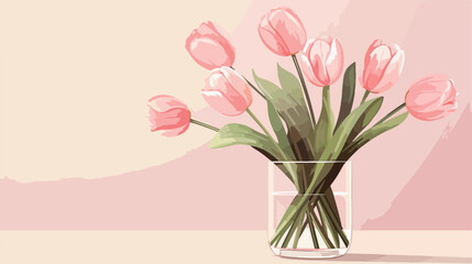 Pale pink tulips in a glass vase in natural dayligh
